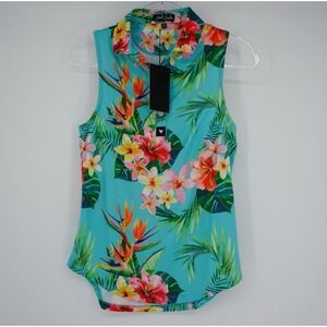 Bad Birdie Womens Tropical Floral Sleeveless Polo Shirt Golf Top XS Hawaiian NEW